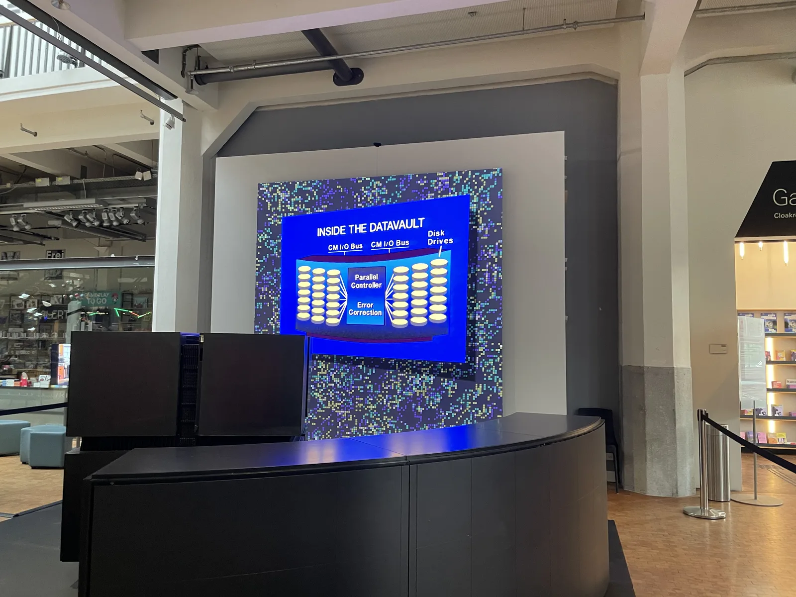 The ZKM's permanent 'Inside the DataVault' exhibit, a large illuminated display panel.