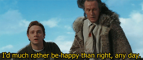 A scene from a film where a character named Slartibartfast says: I'd much rather be happy than right.