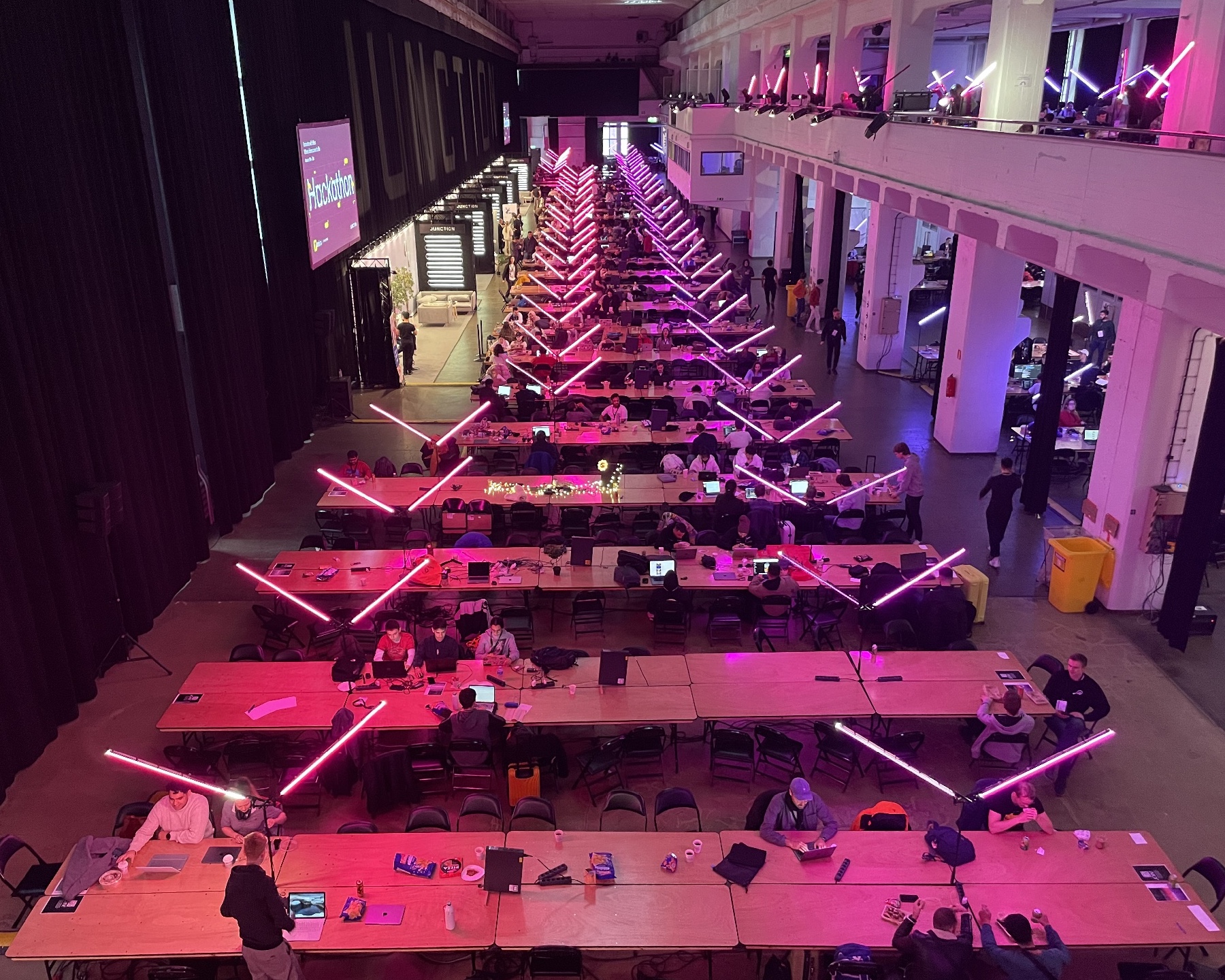 A photo showing a top down view of the ground floor of the Kaapelitehdas cable factory during the Junction hackathon.