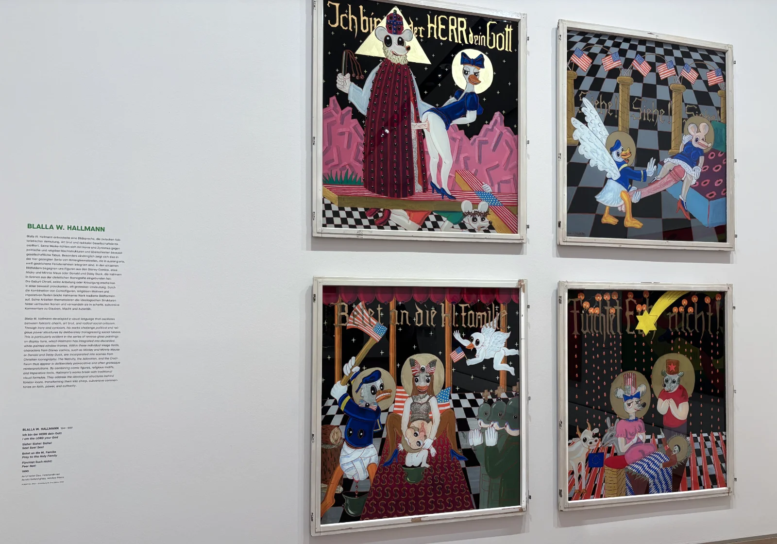 A mixed-media piece by Blalla W. Hallmann featuring dark, satirically religious comic-style imagery.