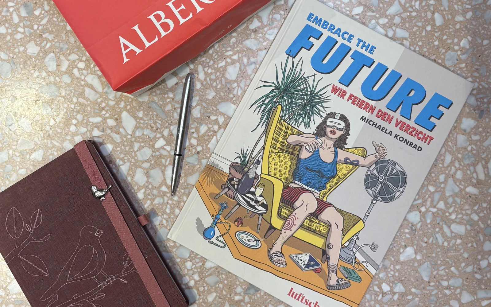 A framed comic illustration featuring architectural elements and a solitary character.