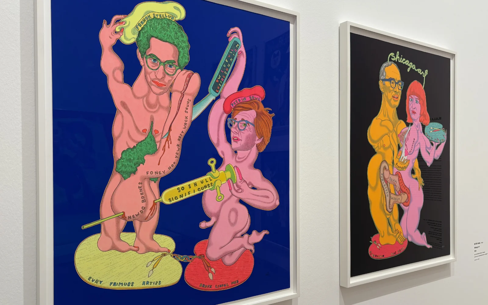 A garish, Day-Glo painting by Peter Saul depicting a distorted, satirical scene with cartoon characters.