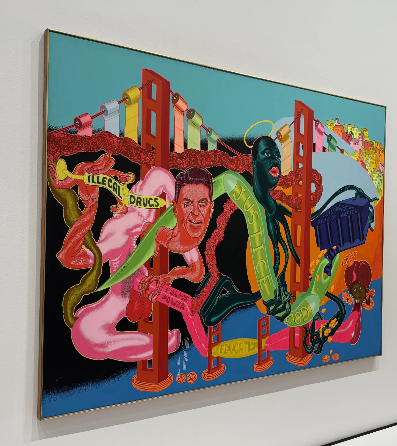 Detailed view of a Peter Saul painting showing chaotic, grotesque cartoon forms.