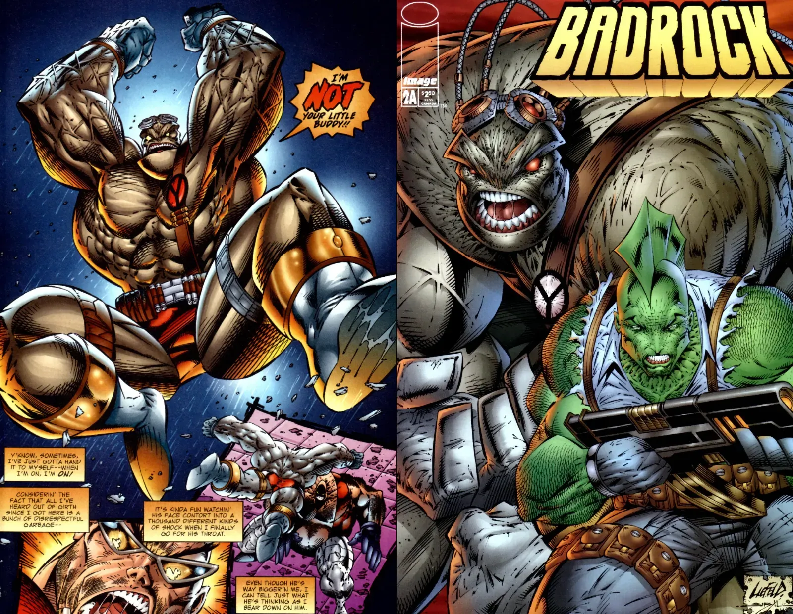 A page from Badrock #1 and the cover of Badrock #2 by Rob Liefeld