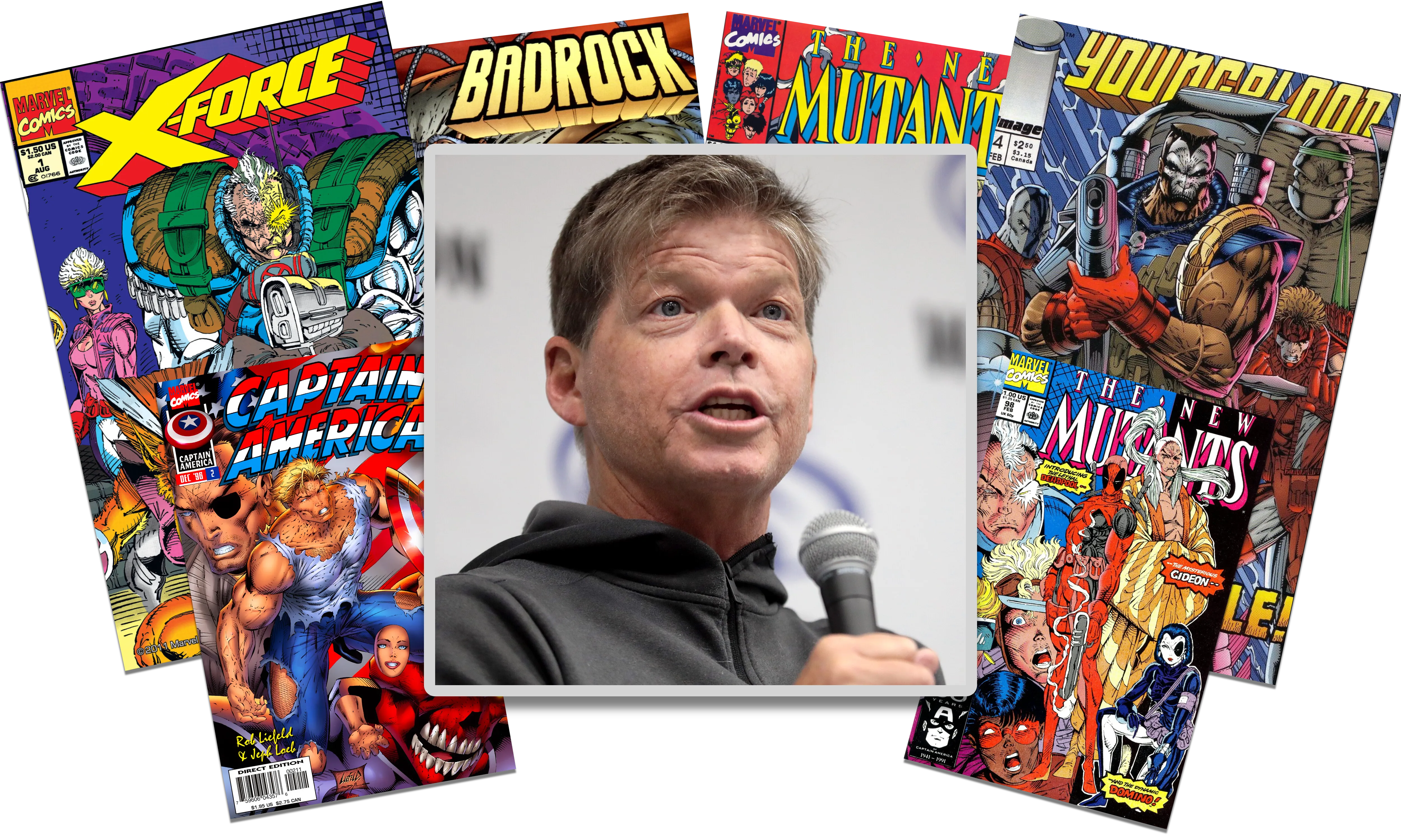 A photo of Rob Liefeld on a pile of his comicbook covers