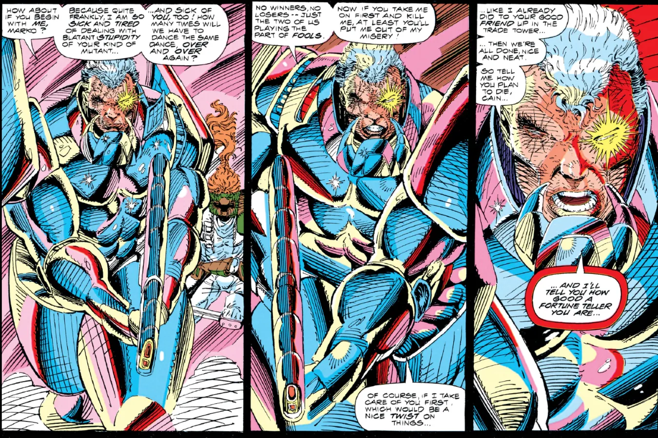Three panels depicting Cable of X-Force with a lot of hatching by Rob Liefeld