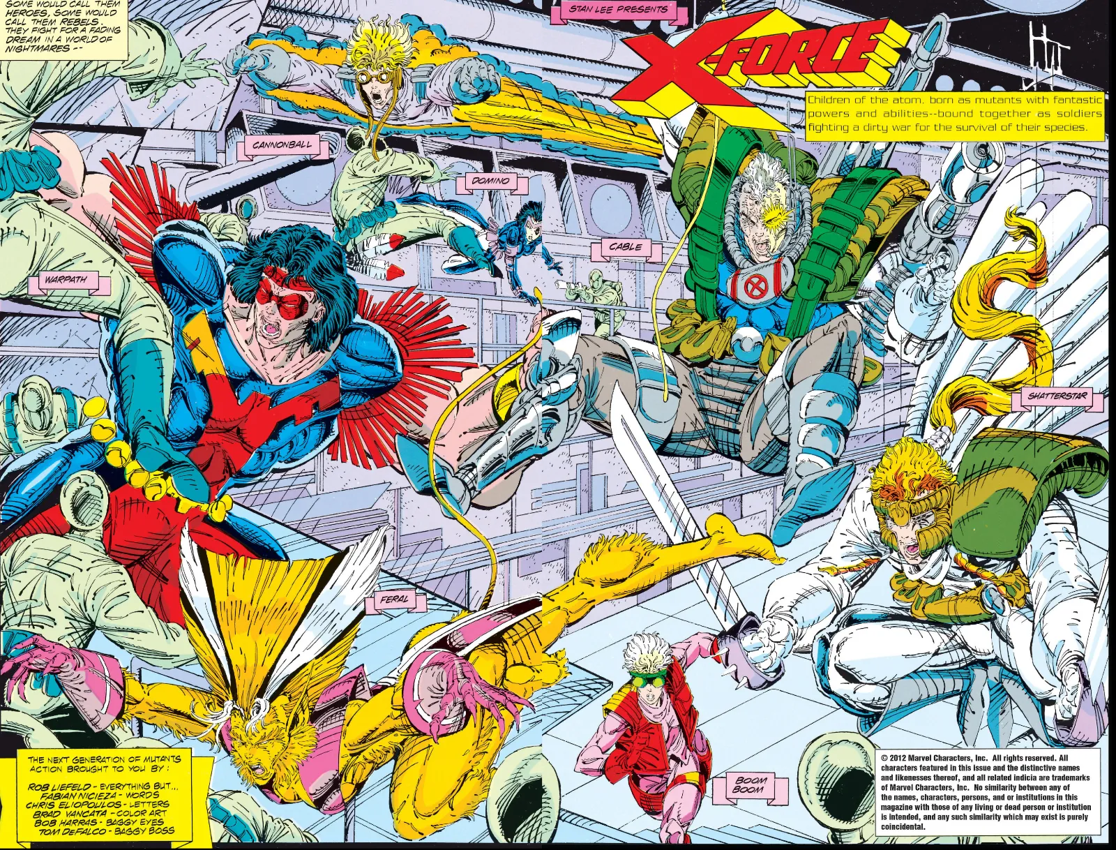 The whole X-Force team jumping in action poses through a long hallway