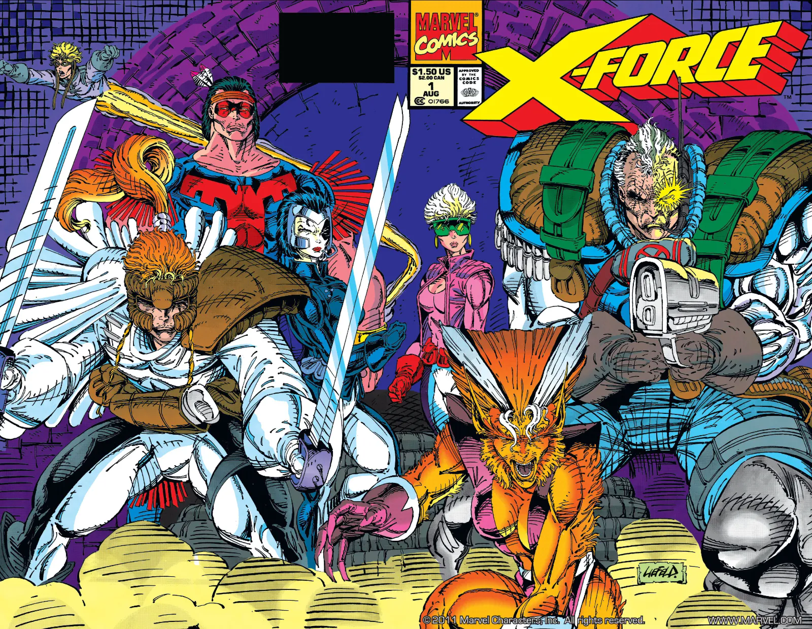 The six characters of X-Force facing the onlooke while standing in dodgily cross-hatched smoke
