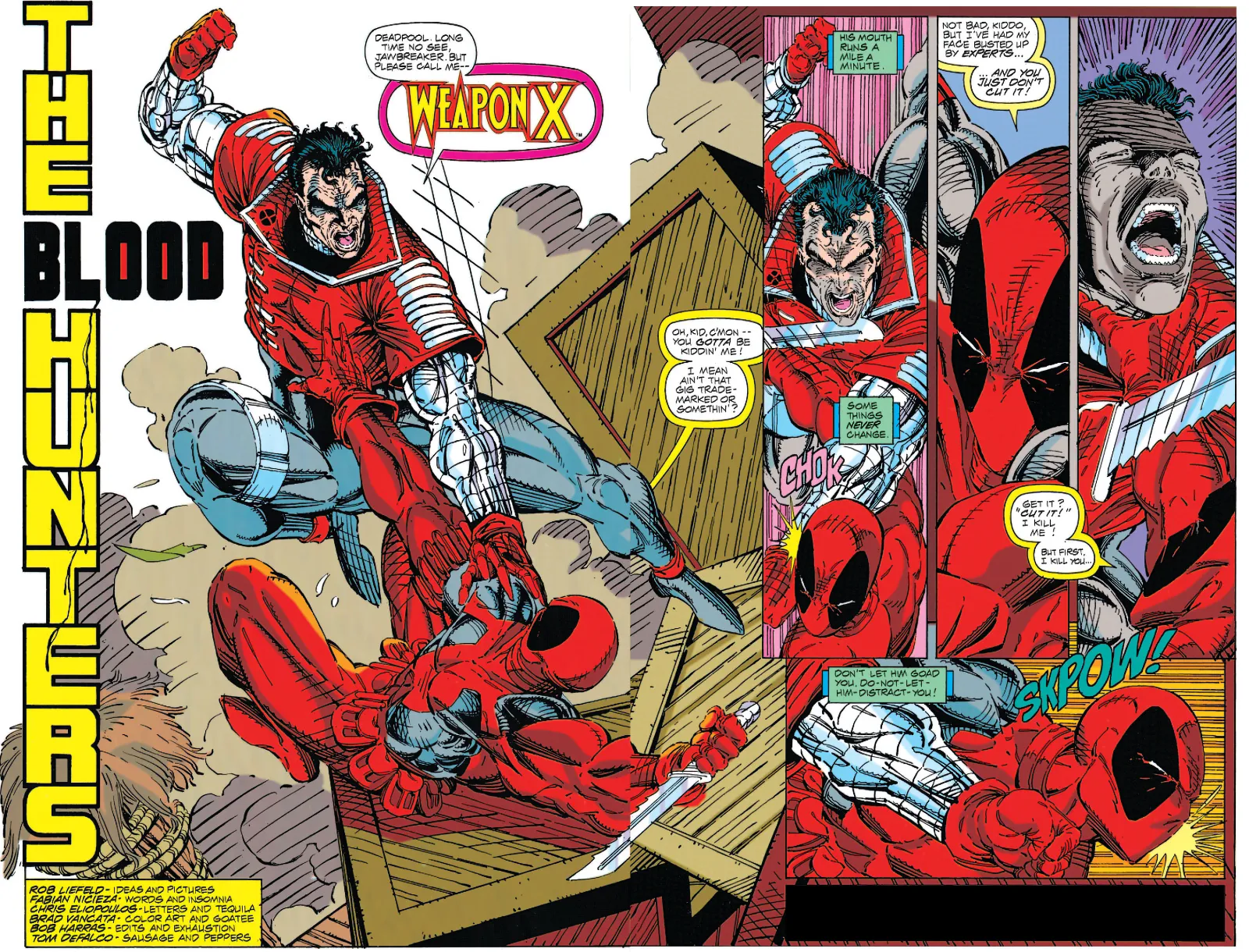 Two pages showing two strange characters fist-fighting, one of them is Deadpool