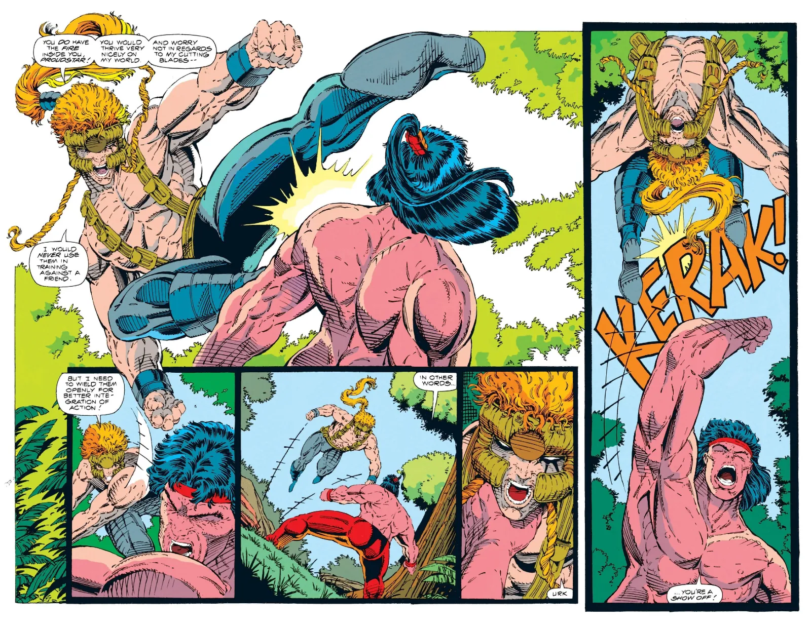 Two pages depicting a bombastic fist-fight between Shatterstar and Warpath