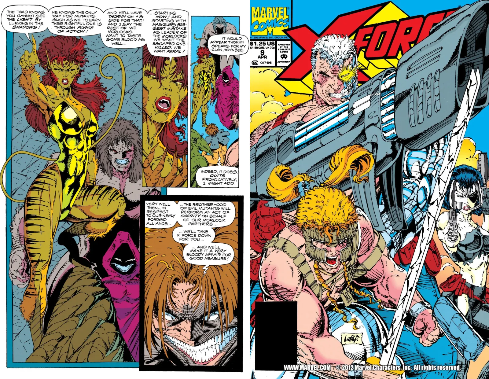 A page from X-Force #6 and the cover of X-Force #9