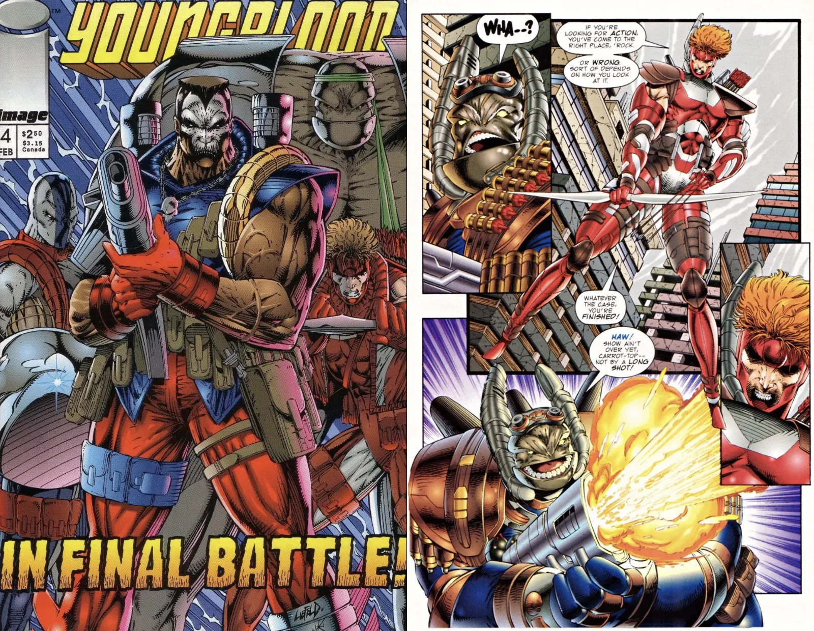 The cover of Youngblood #4 and an interior page from Team Youngblood #7, art by Rob Liefeld