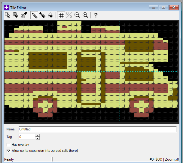 Tile editor window showing a pixel-art camper van in yellow, brown, and red, split by dashed lines into a grid of six sprites.