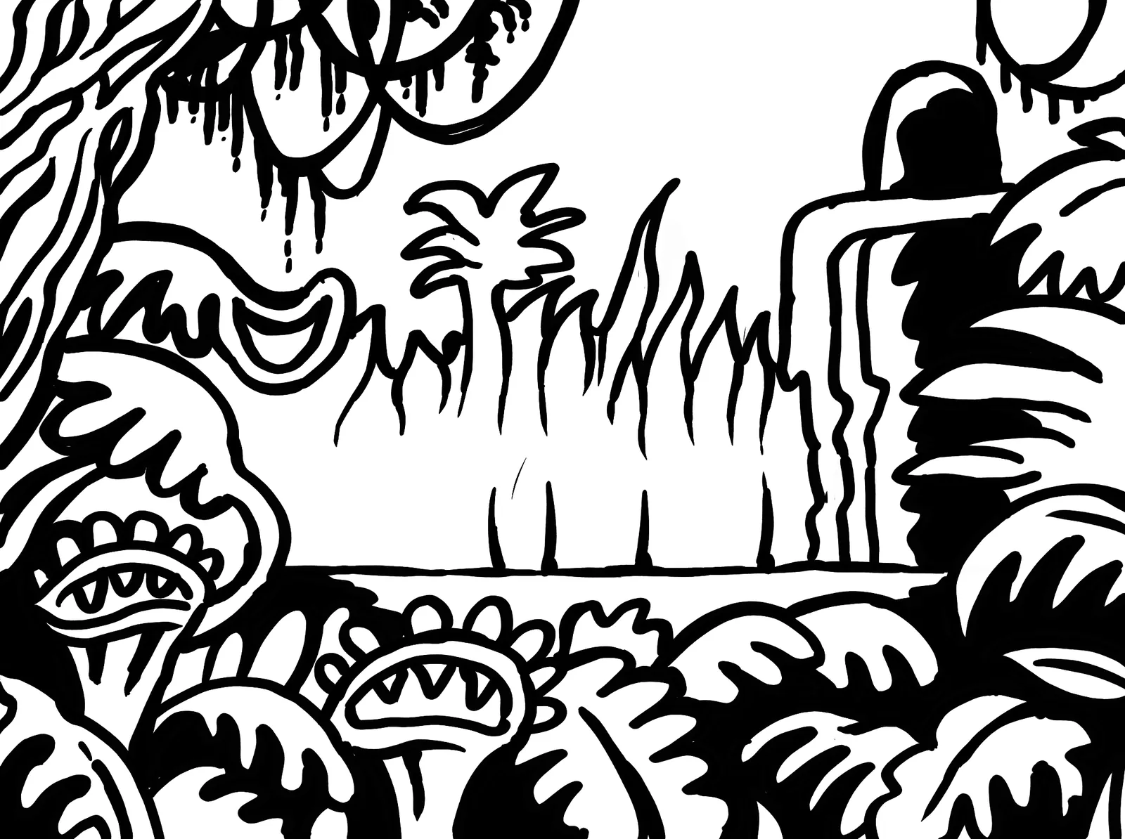 Black ink line drawing of a jungle clearing with vines, carnivorous plants, palm trees, and a waterfall.