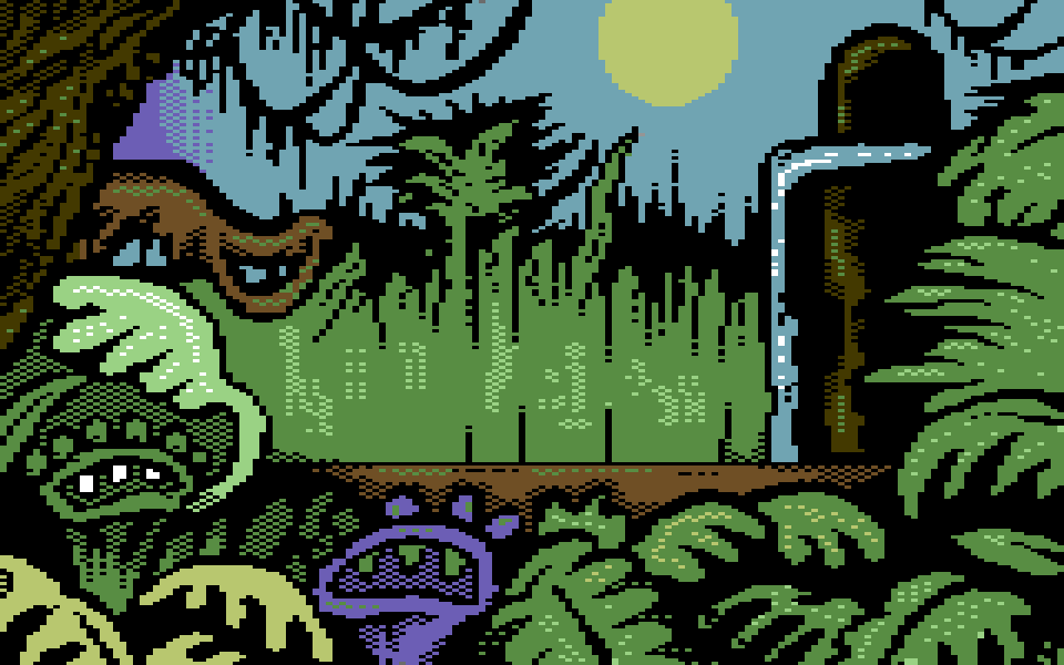 Commodore 64 multicolor picture of a jungle clearing with carnivorous plants, a waterfall, and a pale sun.