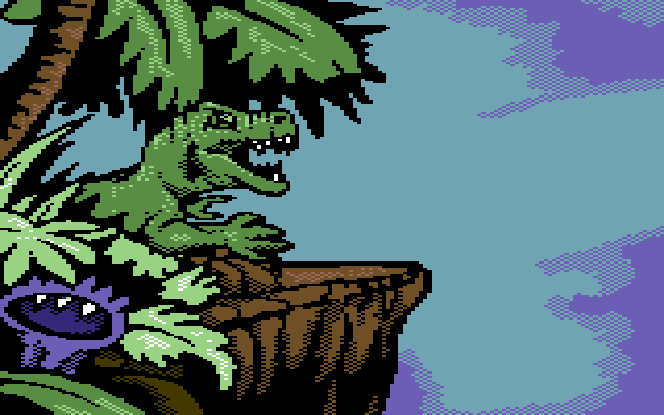 Commodore 64 multicolor picture of a green T. rex on a cliff with palm trees, a purple creature, and open sky.
