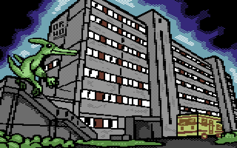 A grey multi-storey building with a green pterosaur perched on the staircase and a camper van parked at the lower right.
