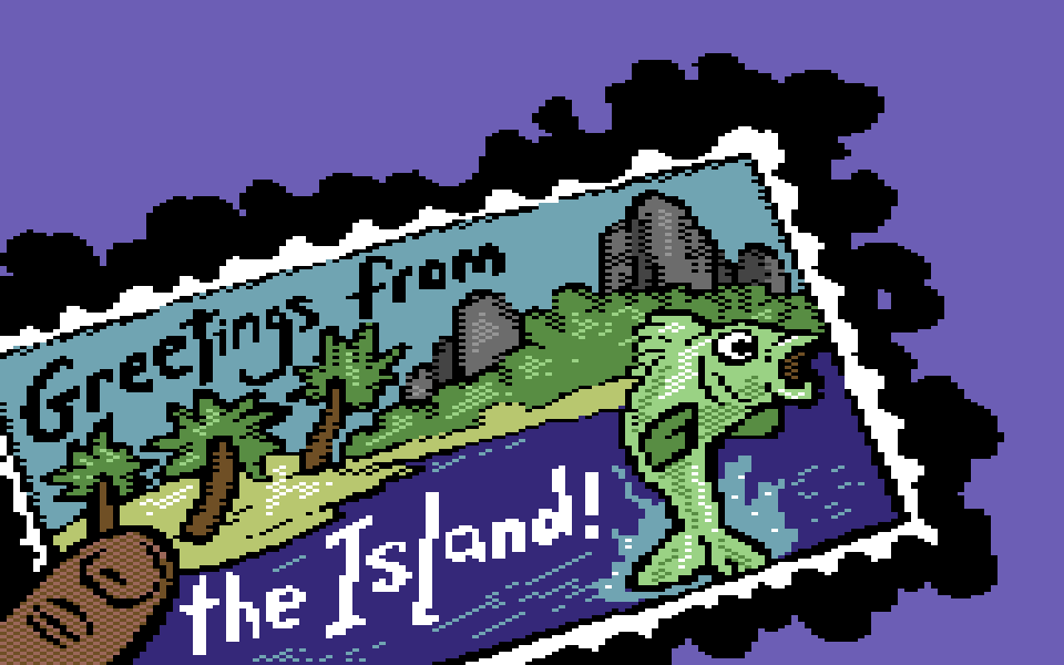 Commodore 64 multicolor picture of a postcard reading Greetings from the Island with palm trees and a green fish.