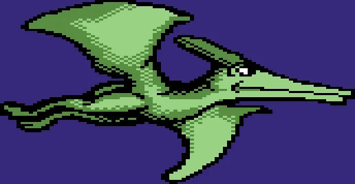 Commodore 64 sprite of a green pterosaur in flight on a purple background.