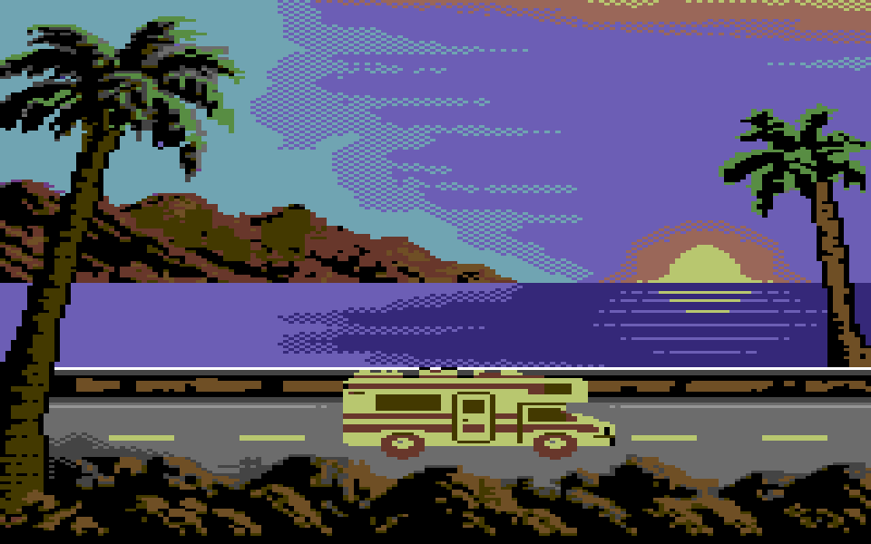 Commodore 64 multicolor picture of a sunset coast road with palm trees, mountains, and a camper van driving along it.