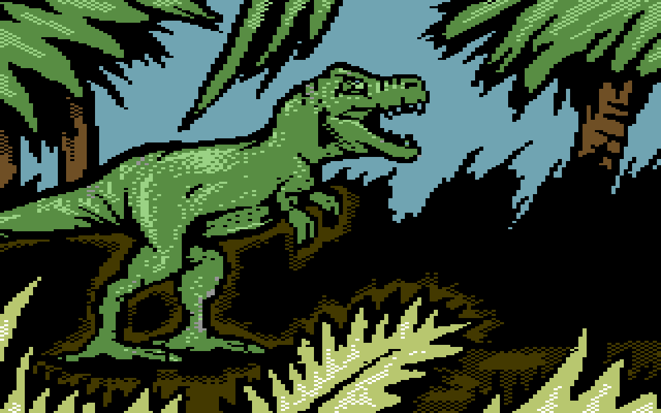 Commodore 64 multicolor picture of a green T. rex stepping out of a jungle with palm trees.