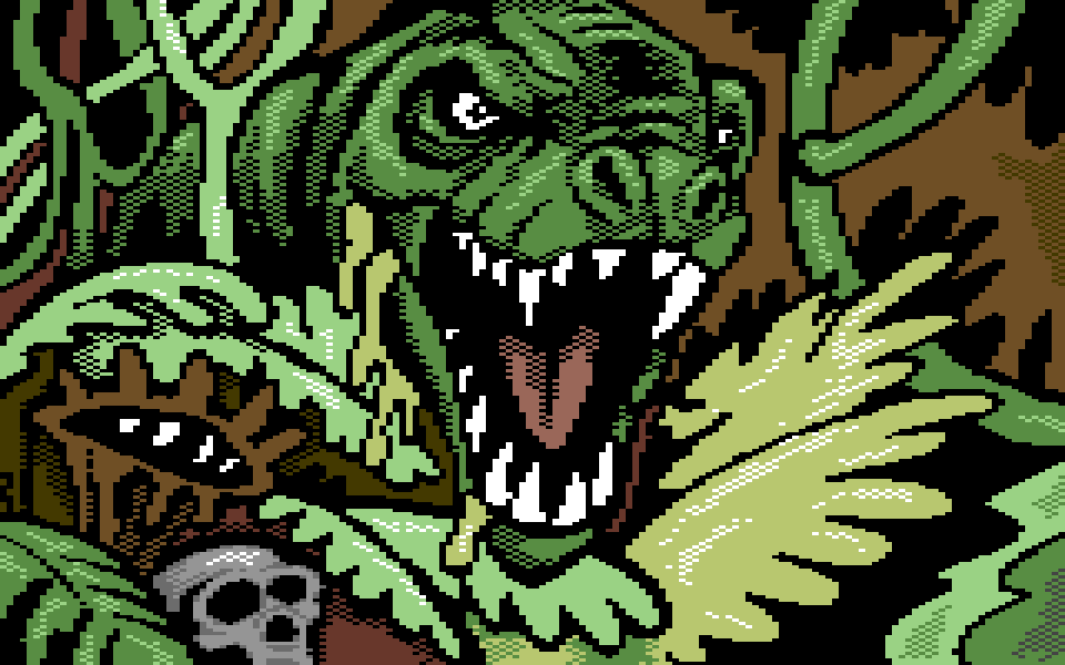 Commodore 64 multicolor picture of a T. rex close-up with open jaws, a skull, and jungle foliage.