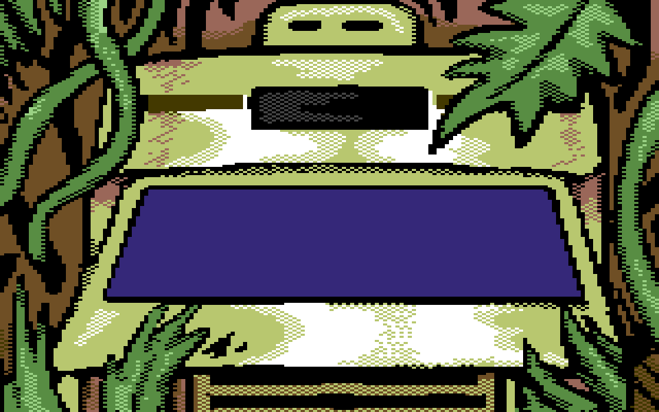 Commodore 64 multicolor picture of a camper van seen from the front, with a flat purple windshield and jungle vines.
