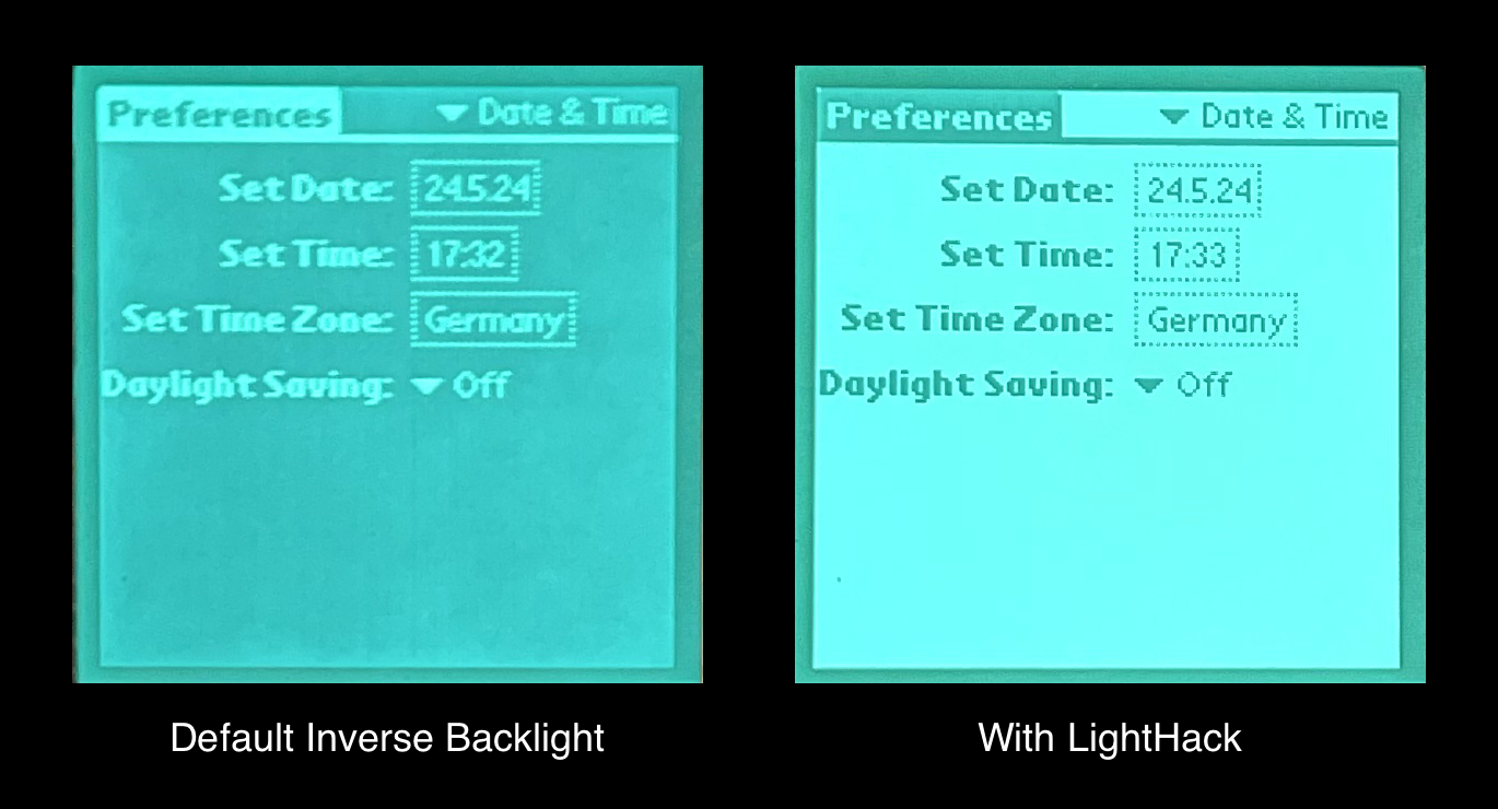 Comparison between the murky default backlight and the fully inverted backlight after using the LightHack