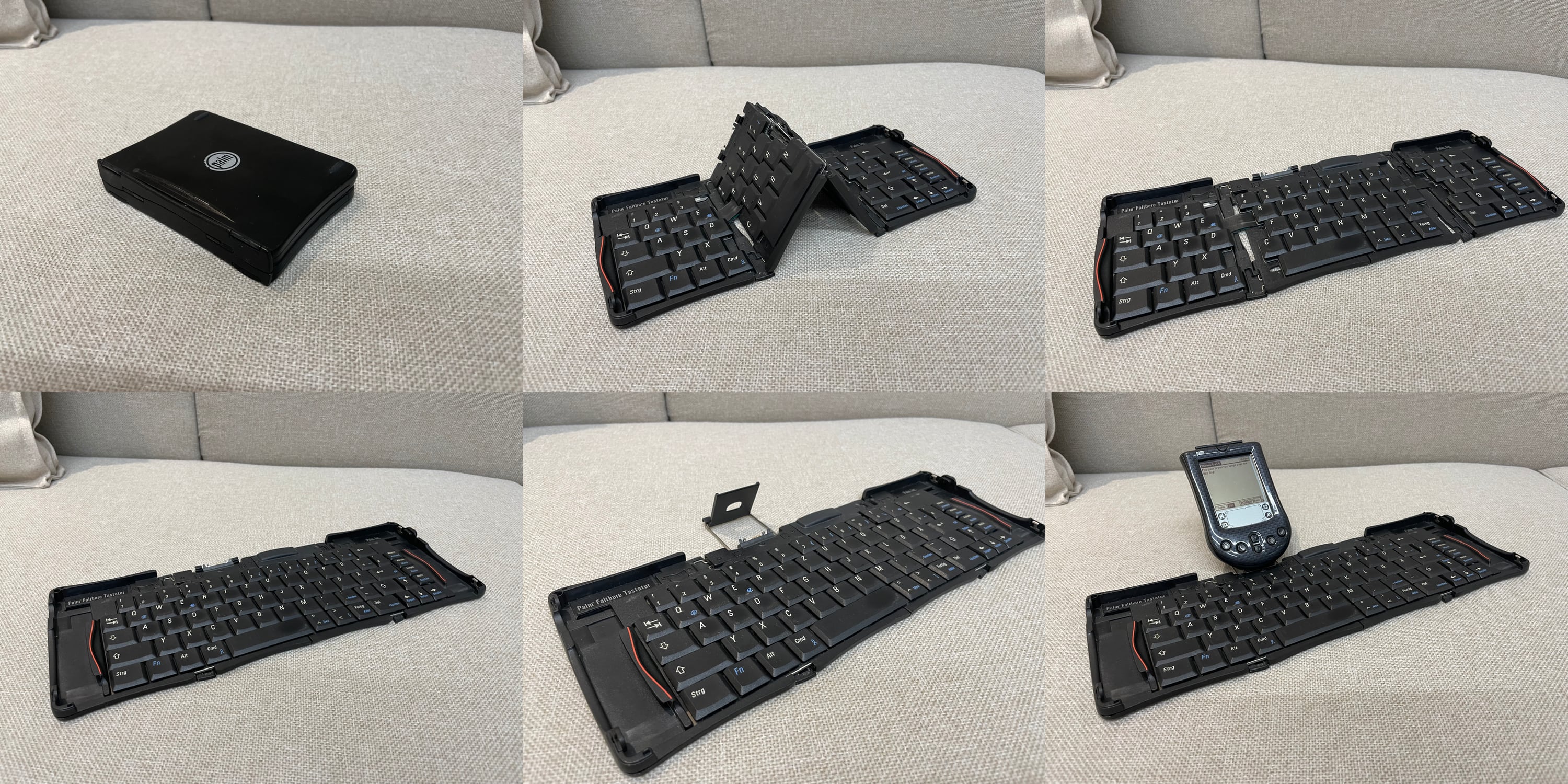 The Stowaway keyboard opening up, fastening and finally ready to type with the Palm m125