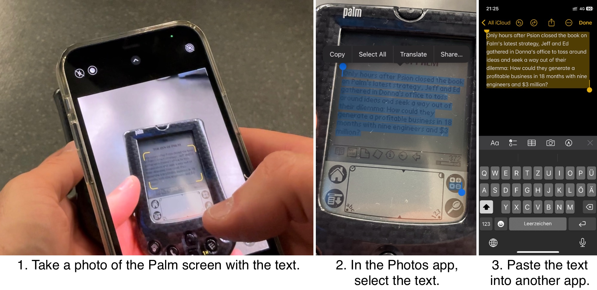 Convert the text on the Palm's screen by taking a photo.
