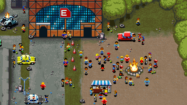 An animated top-down view of the demoparty location of Revision with pixel-sized people going about