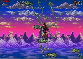 A side view of the game Lionheart showing a fantasy landscape with figures on it and an intricate gradient sky in the background.
