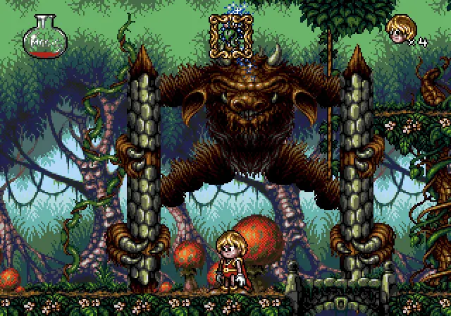 Another intricate and wild fantasy landscape from a computer game shown in a side view. It has a large number of figures.