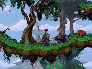 A pixel landscape with trees, rocks, vines and a little green-haired figure negotiating the paths.