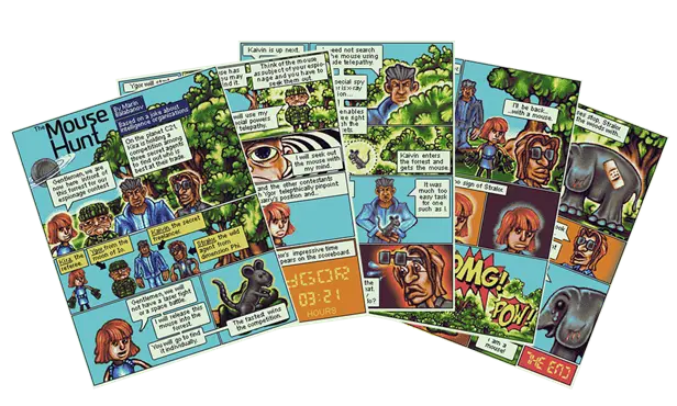 Five comic pages drawn on an Atari STE