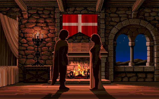 Night scene of a medieval man and woman standing before a fire place.