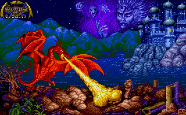 A colorful night-time landscape with a powerful red dragon in the foreground breathing fire. In the background we can see a castle and the ghostly presence of a sorceress in the sky.