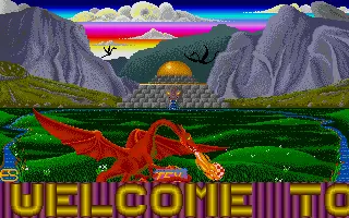 A coloful fantasy landscape with a dragon breathing fire onto a red-checkered ball, an early symbol of the Amiga.