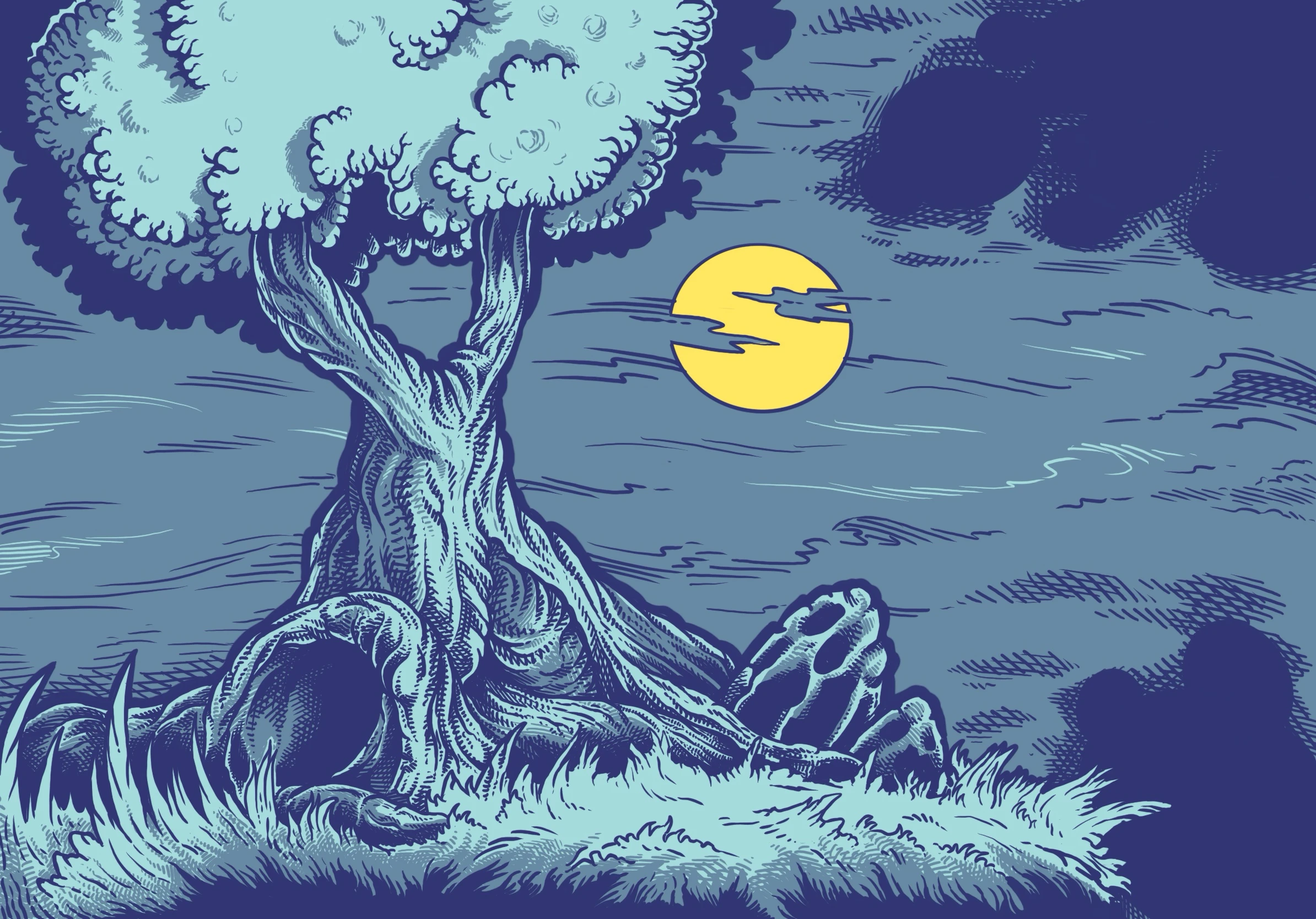A drawing of a tree in the night in the style of a comic book using only four colors