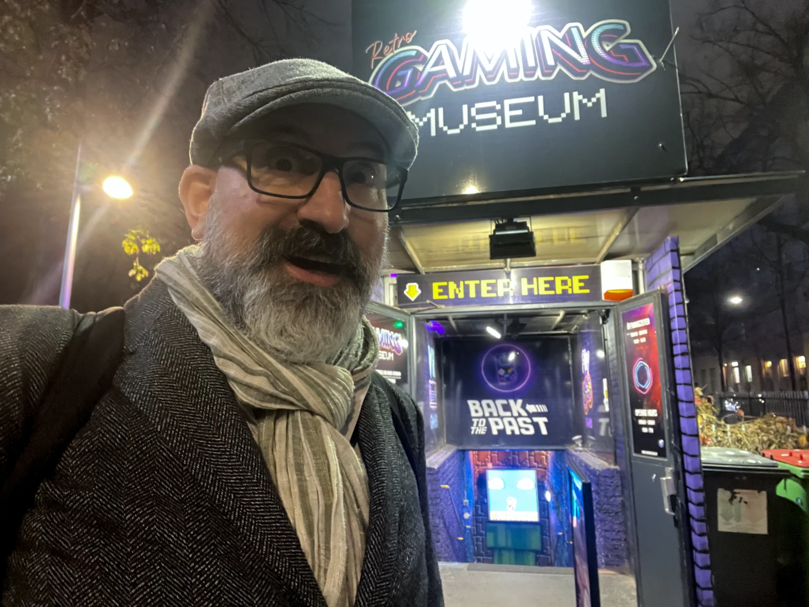 Entrance to the Retro Gaming Museum with signage visible at the bunker entrance.