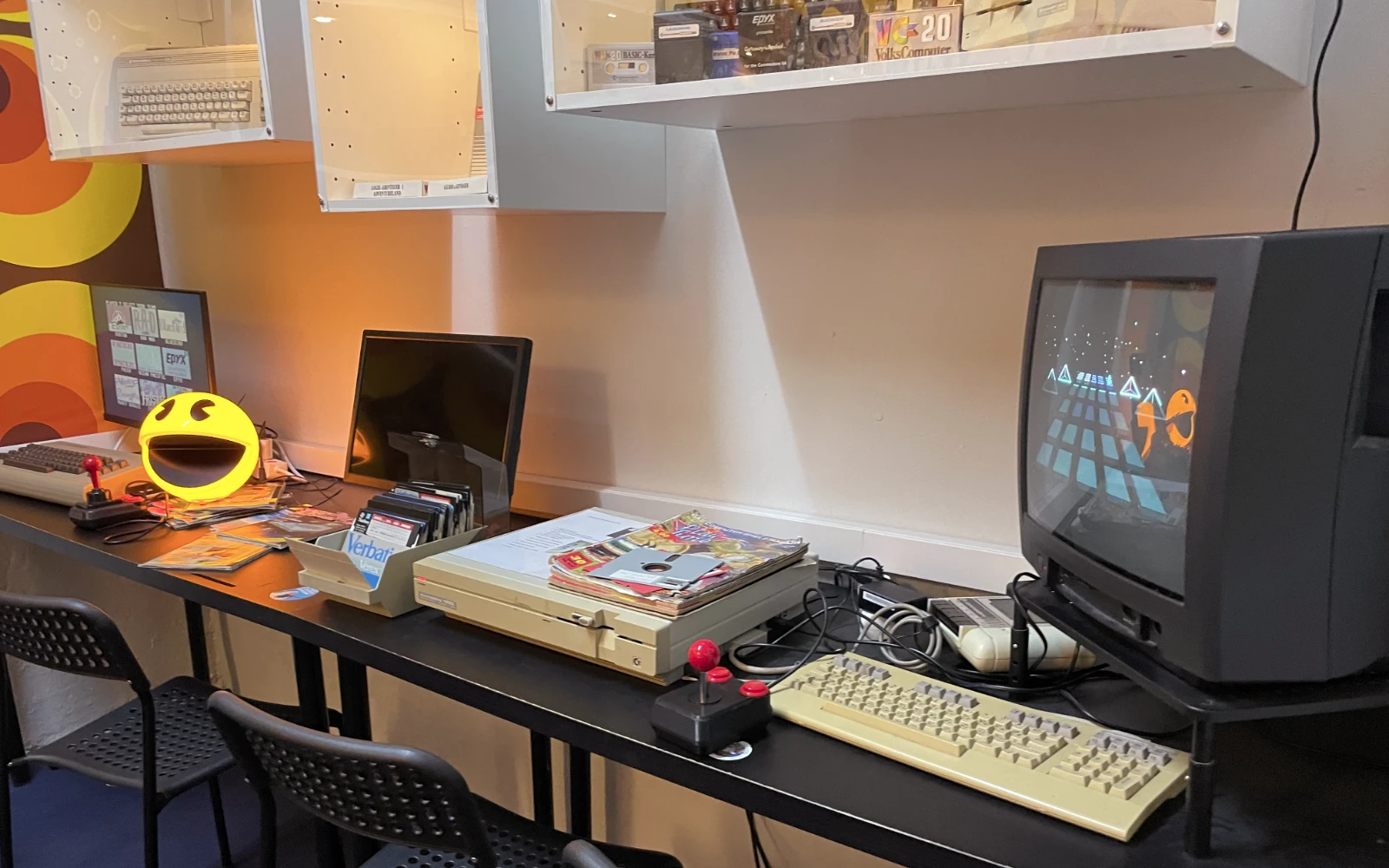 Commodore 64 and C128 computers on display.