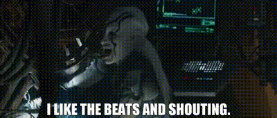 Scene from Star Trek Beyond where the alien character of Jaylah expresses her affection for human rap music by saying 'I like the beats and shouting!'