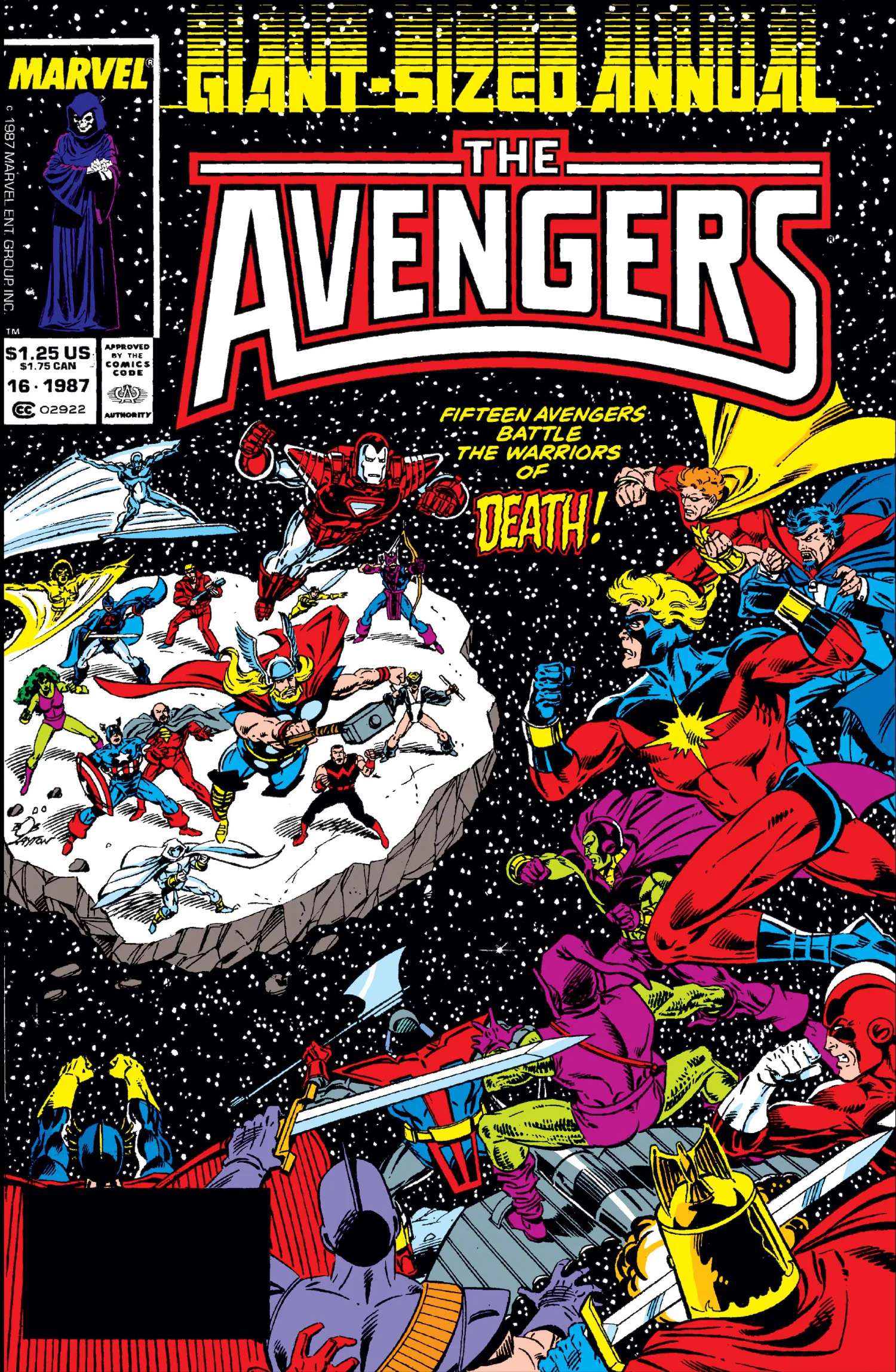 Cover of Avengers Annual #16: Avengers battling armoured warriors above a snow-covered asteroid, under the line Fifteen Avengers battle the warriors of Death