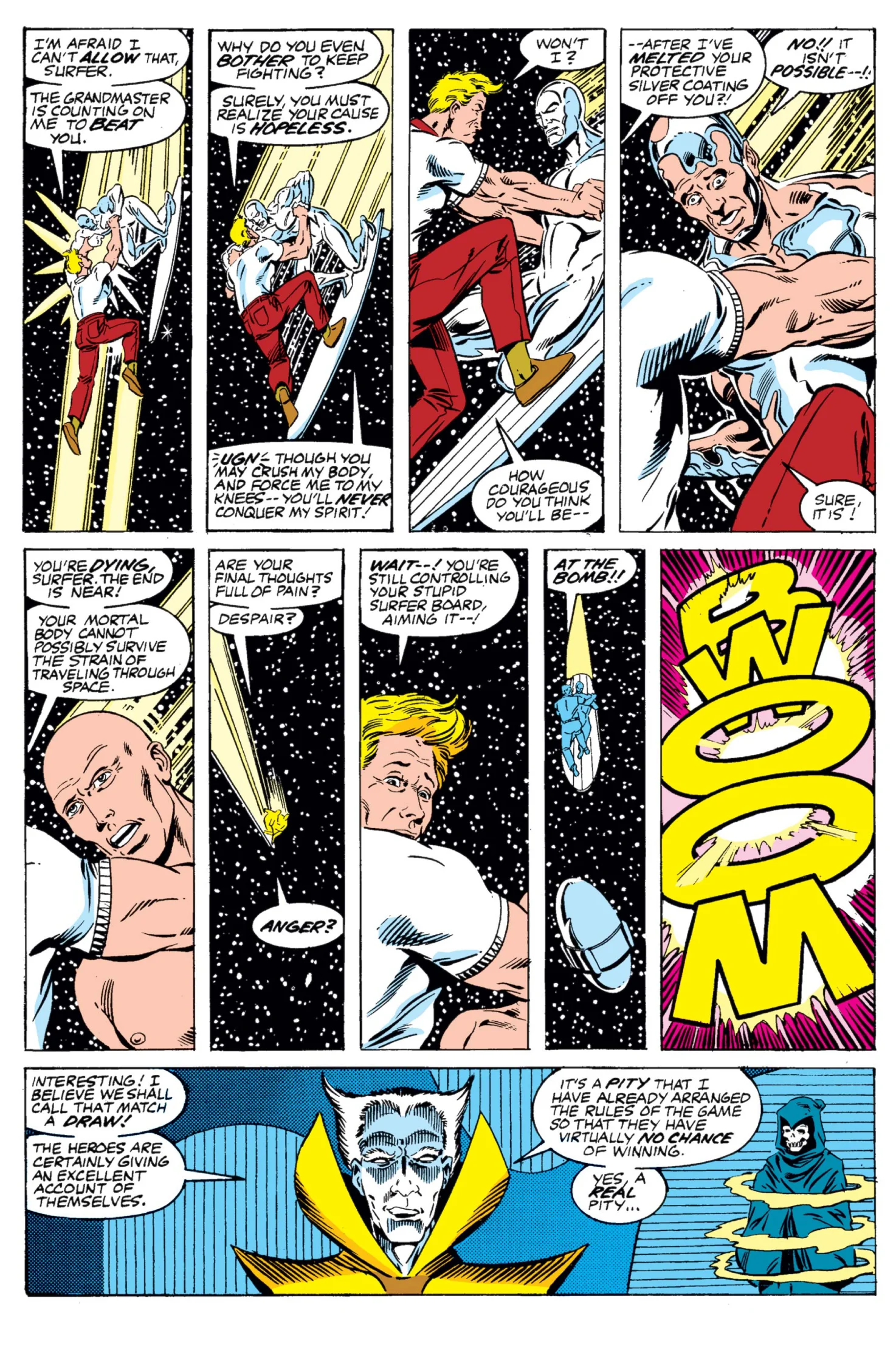 Interior page from Avengers Annual #16: the Silver Surfer, his silver coating melted away, steers his board into the bomb while the Grandmaster and the Collector watch their rigged game