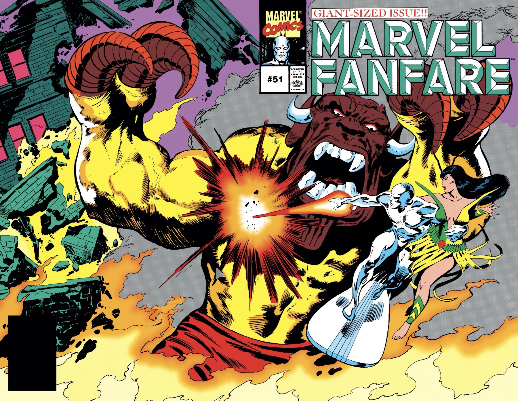 Wraparound cover of Marvel Fanfare #51 by John Buscema: the Silver Surfer and Mantis against the towering, horned Mangog amid burning ruins
