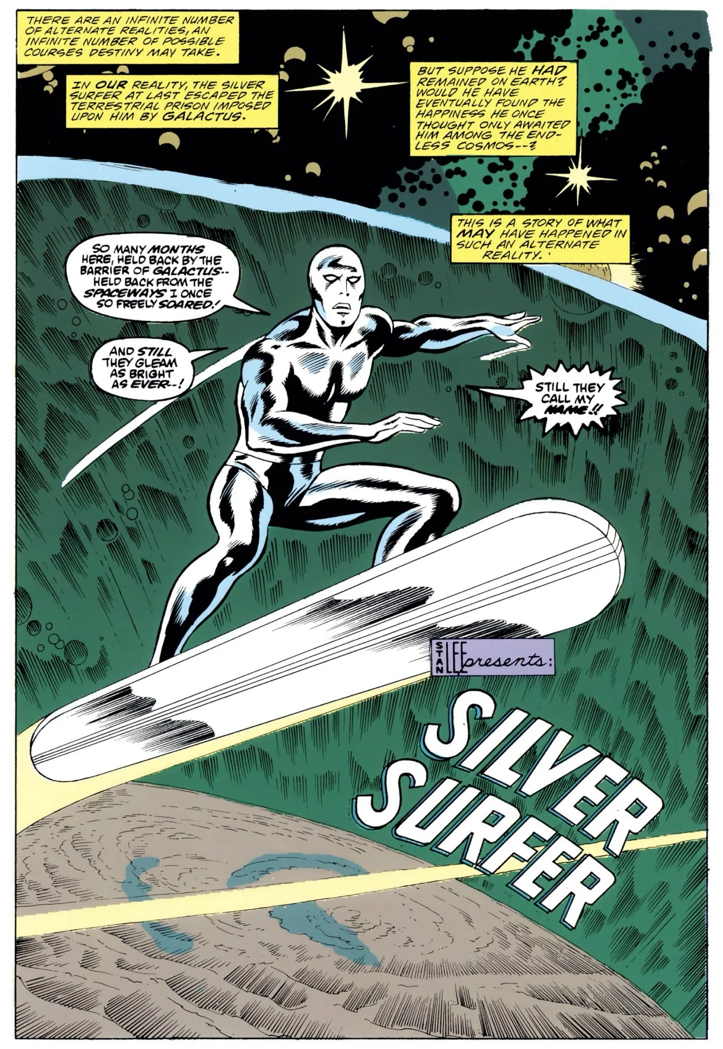 Splash page from Marvel Fanfare #51: the Silver Surfer riding above Earth, with captions framing the story as an alternate reality in which he never escaped