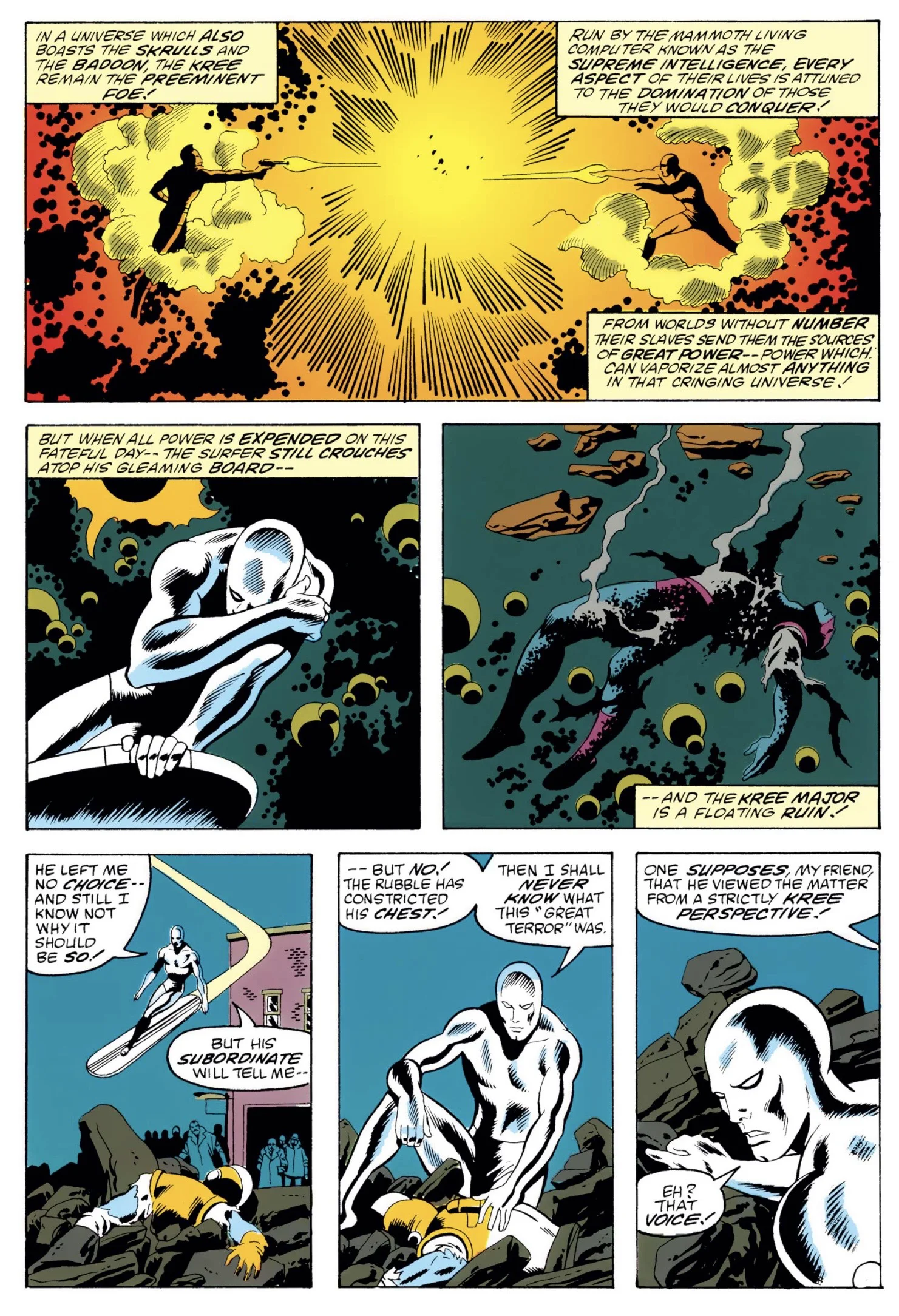 Interior page from Marvel Fanfare #51: the Surfer above the smoking wreckage of a Kree outpost, kneeling over a fallen Kree officer