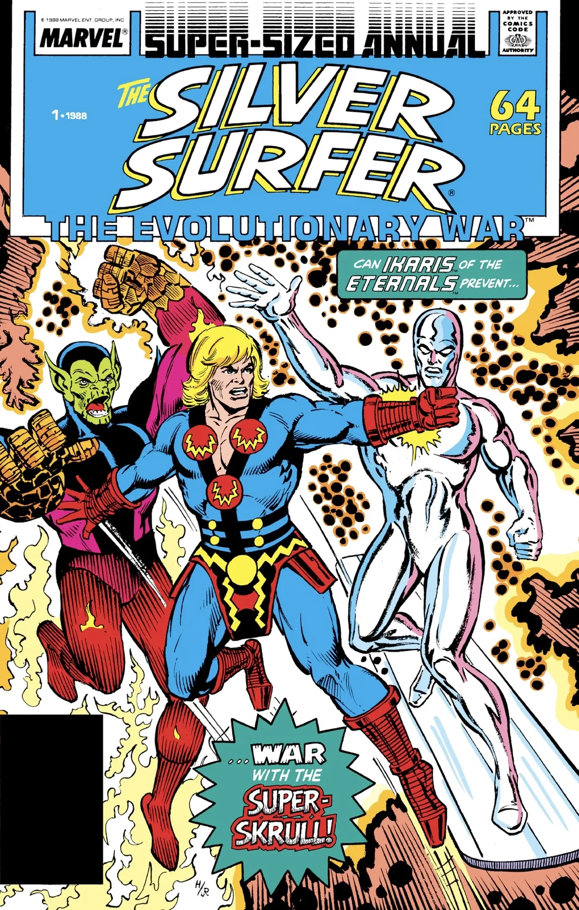 Cover of Silver Surfer Annual #1 (1988), showing Ikaris of the Eternals, the Silver Surfer and the Super-Skrull amid flames.