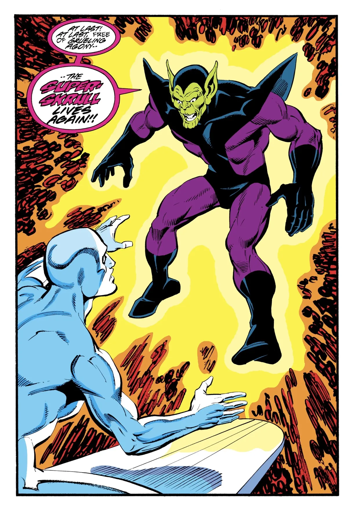 The Super-Skrull rises free of an energy prison, declaring that he lives again, as the Silver Surfer watches from his board amid flames.
