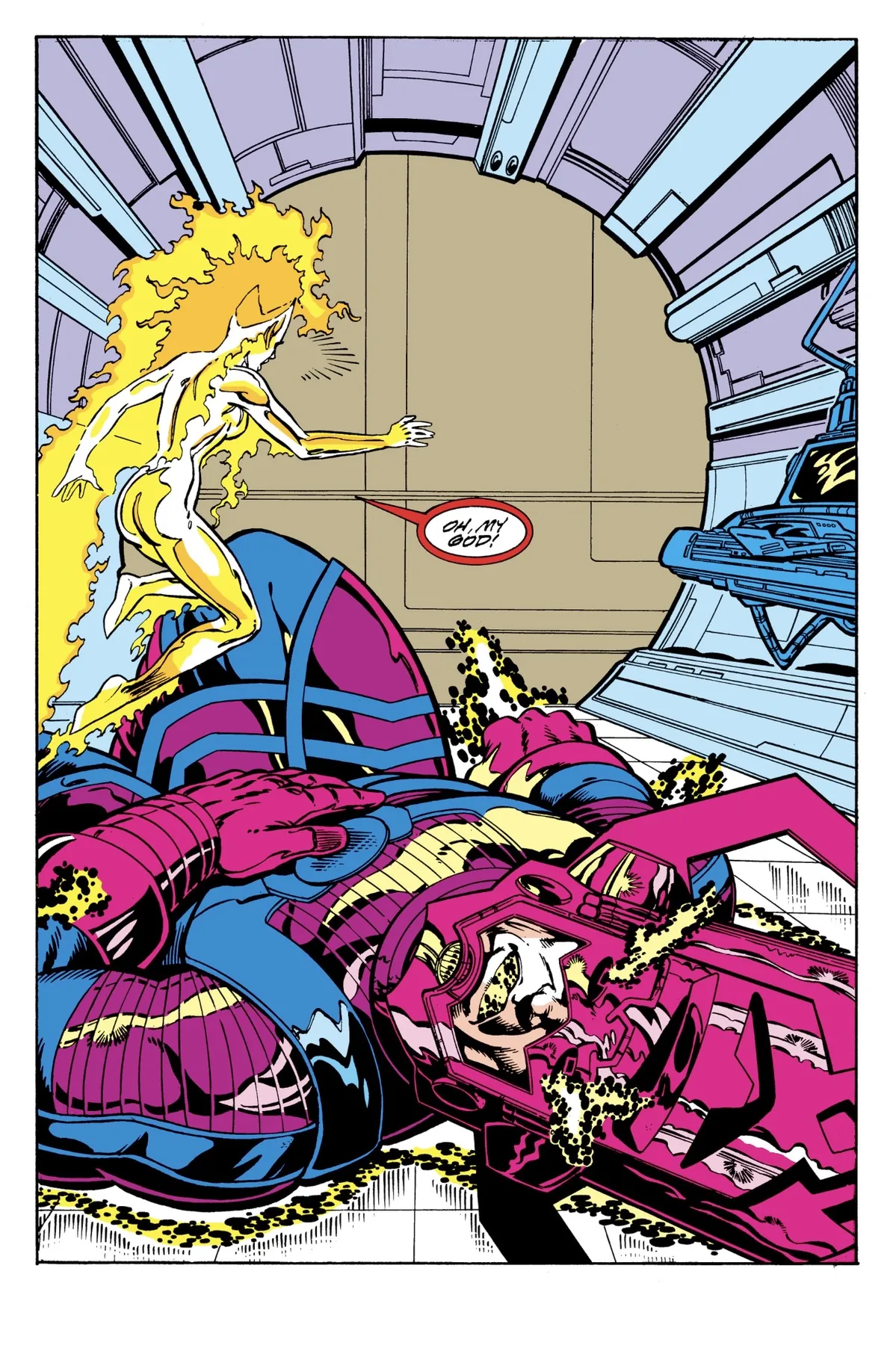 In a starship interior, the flame-bodied herald Nova recoils in horror beside the collapsed, armoured body of the giant Galactus.